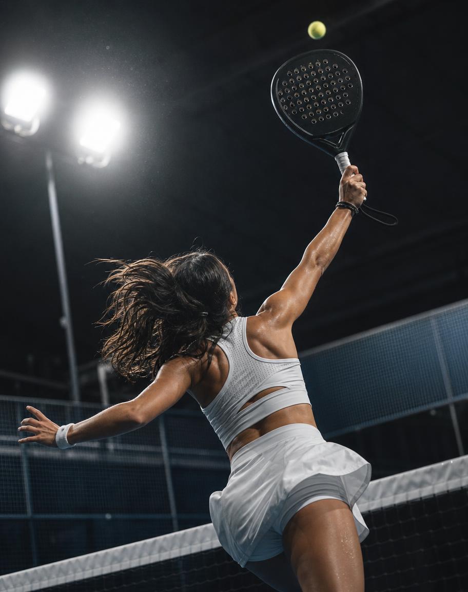 Female athlete leaping into a padel smash at the net under dramatic light