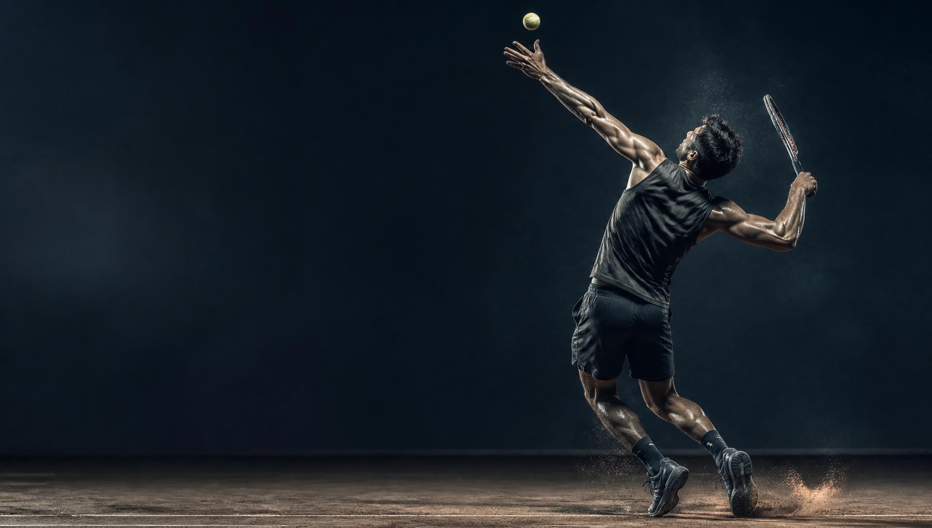Anonymous athlete mid explosive tennis serve, ball frozen in flight, dramatic court lighting